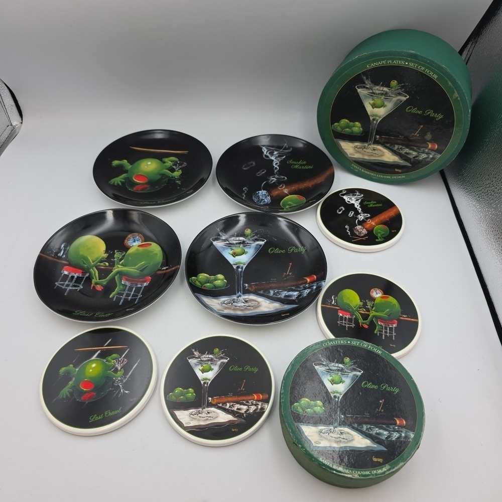 Michael Godard 'Olive Party' 4 Salad Desert Plates & Coasters Set - Unique RARE